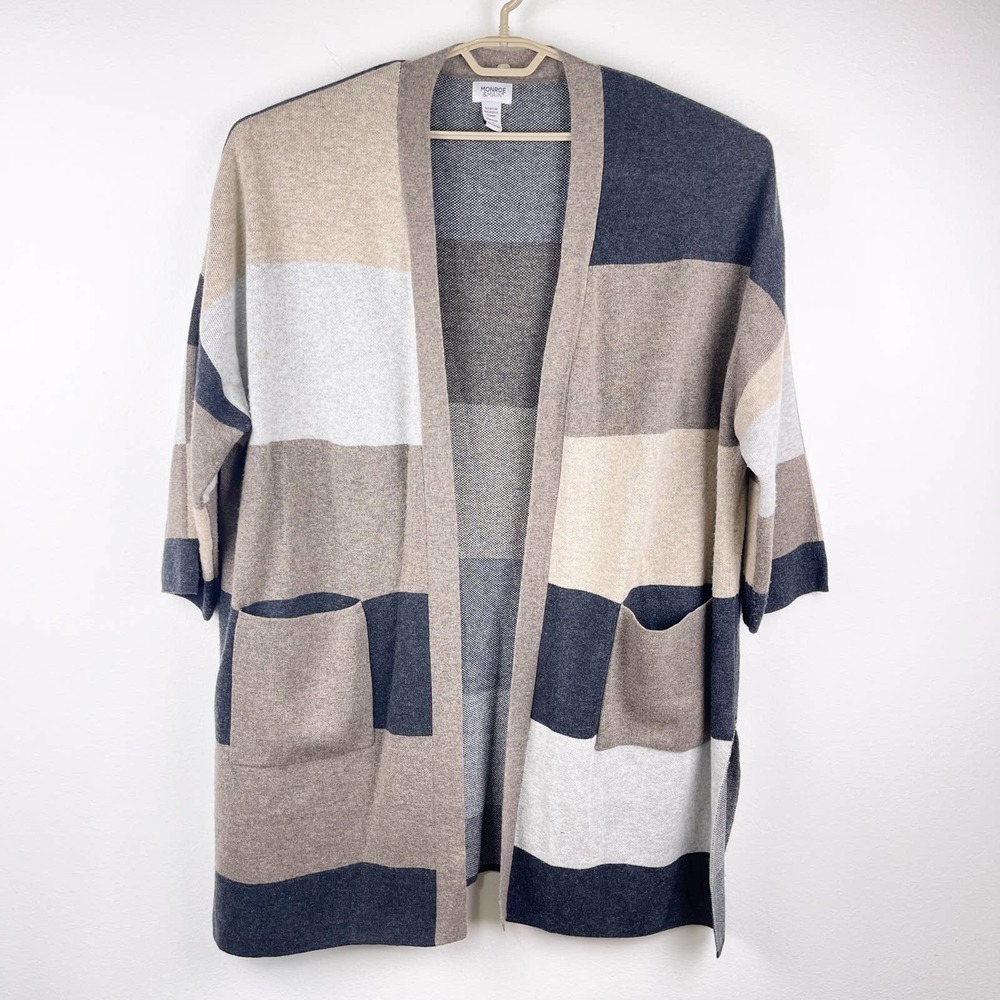 Monroe & Main Color Block Neutral Grey Cream Wool Blend Cardigan Women's 2X